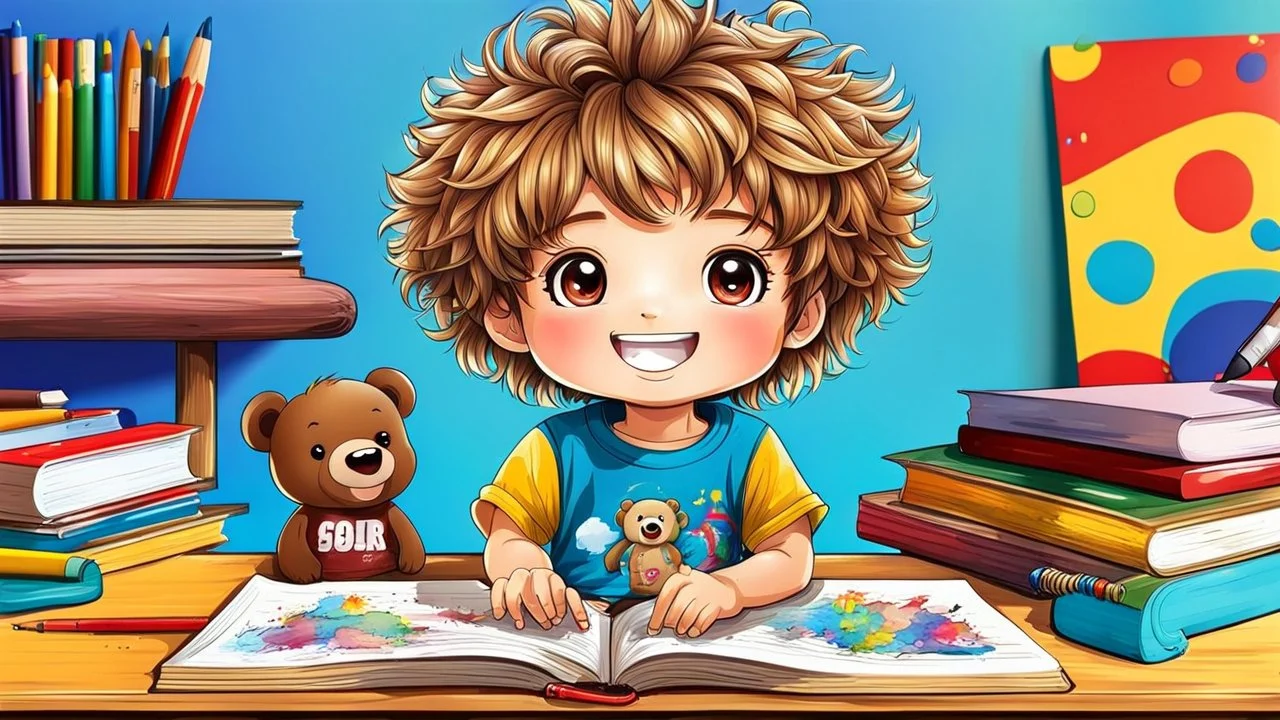 detailed digital art style, cute anime, detailed chibi face with smile, sitting on school desk in hand a bear toy, in colorful t-shirt and short paint, , messy hair random drawing background, child book style, highly detailed, no photorealism