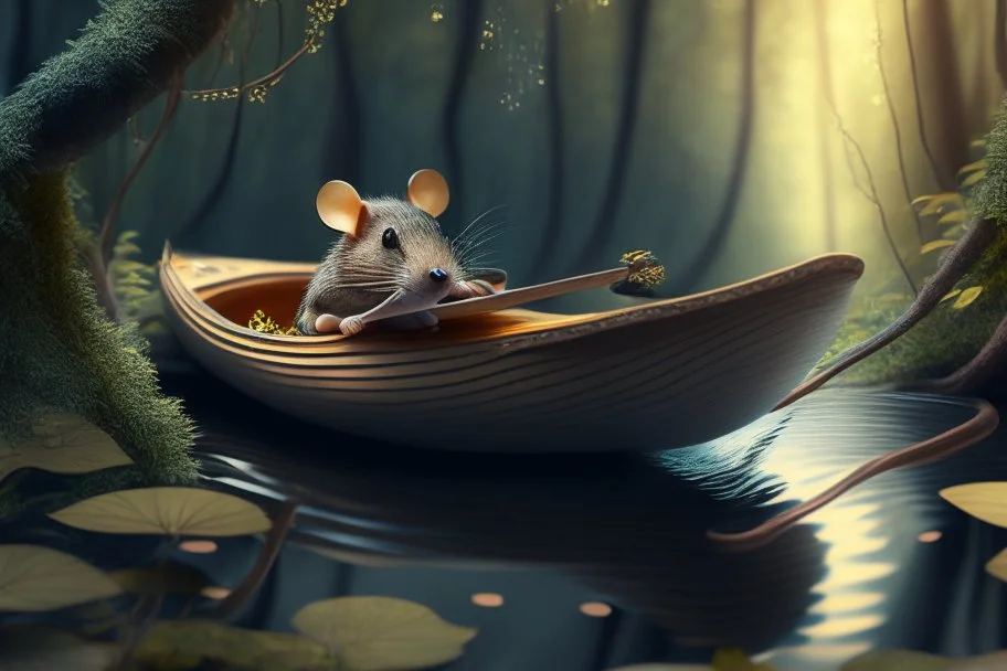 mouse in boat, in forest by stream, book illustration, fine detail, 4k, trending, volumetric light, depth of field