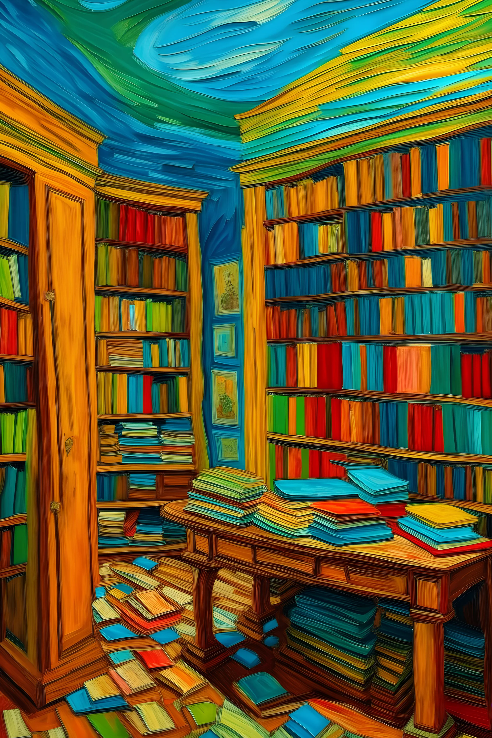 Pintura en donde haya una biblioteca con libros de diferentes colores al estilo de Vang Gogh.