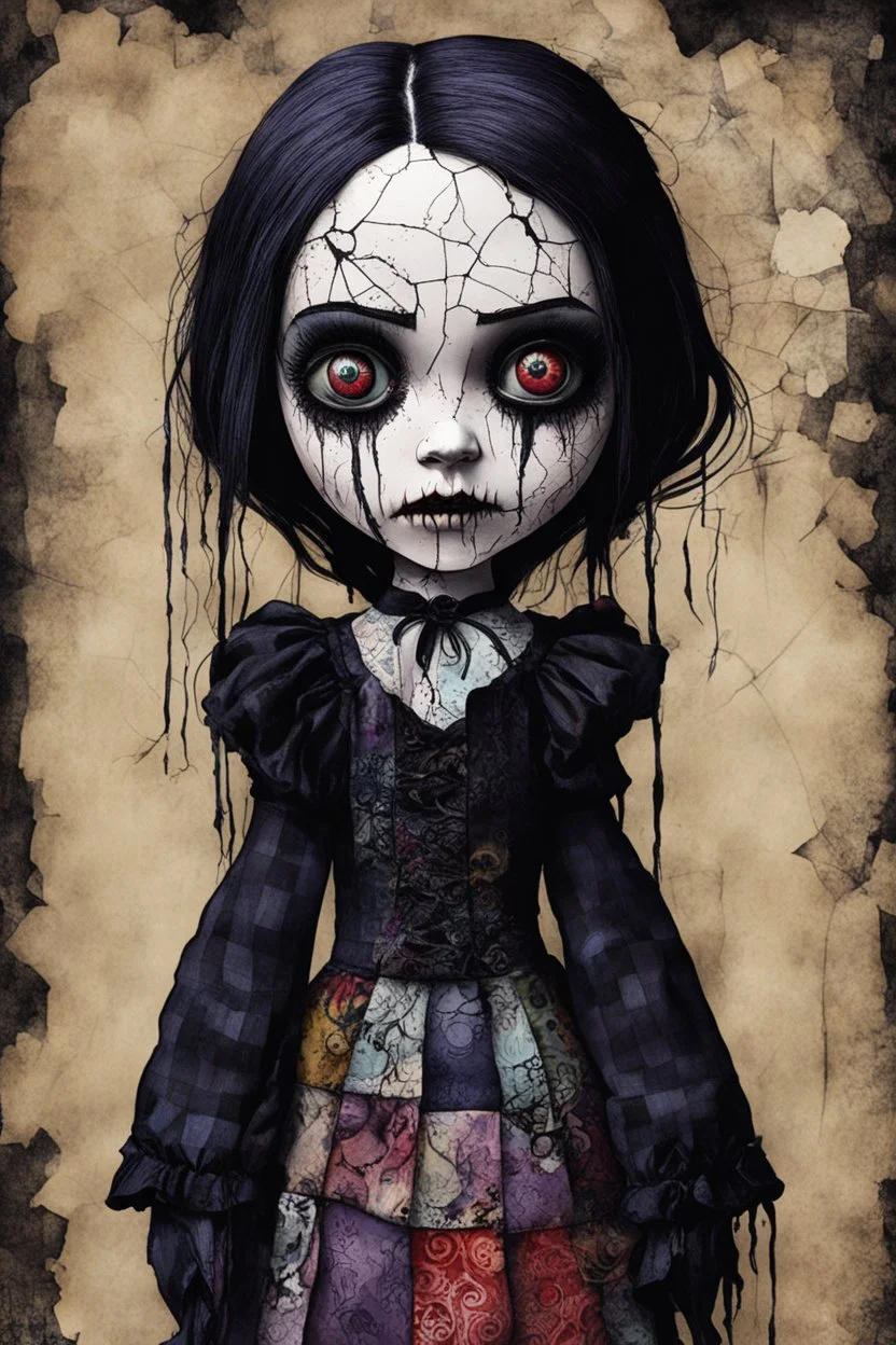 full color, illustration of a dark menacing Victorian goth vampire girl, ala Wednesday Addams, as a decayed, broken, crude homemade patchwork cloth doll toy, with a cracked porcelain face, thick dark eyebrows, hair made from ragged strips of cloth, art in the style of Alex Pardee and Tim Burton