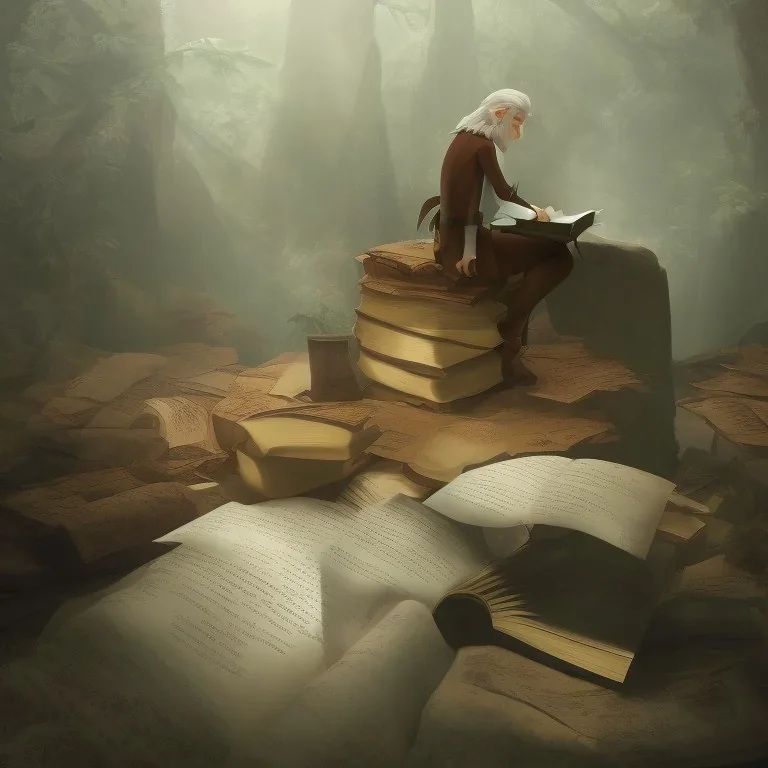 full body shot of calm elf with white hair in brown suit reading a legendary book, fantasy character, somber, gloomy lighting, epic perspective, trending on artstation