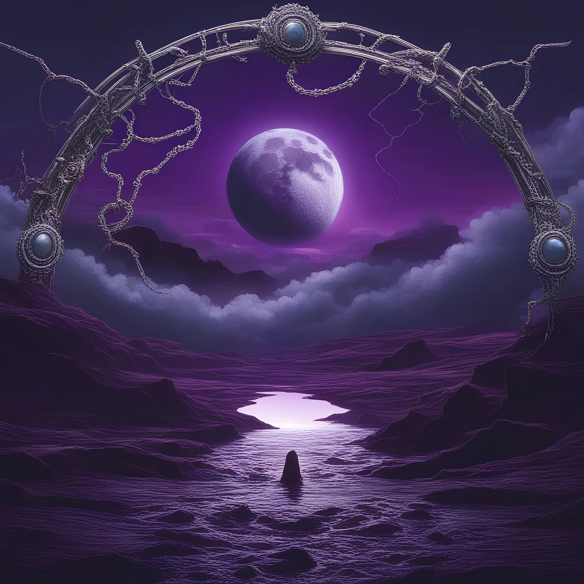 A moon in a glowing dark purple landscape, a mirror, thunders, chains