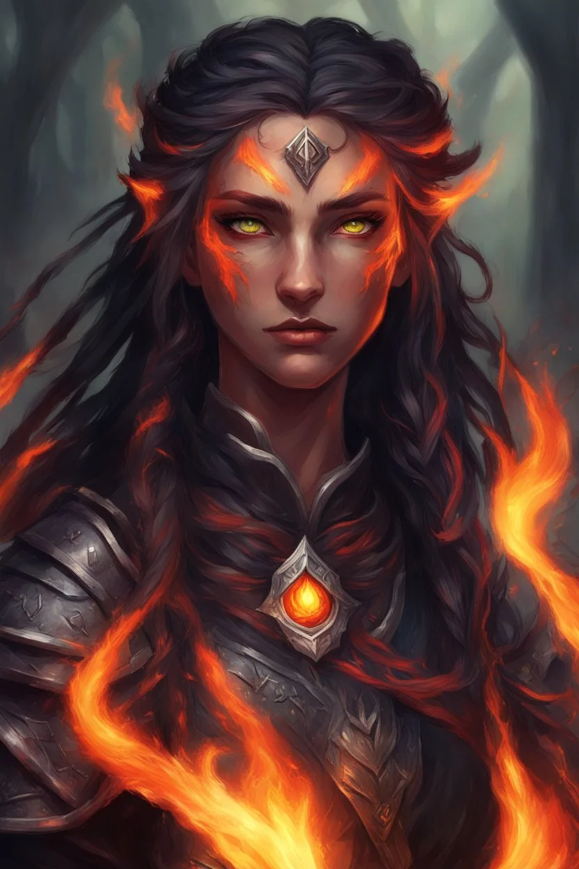 Female. Druid and a paladin Hair is long and bright black . It has some braids and looks like it is on fire. Eyes are noticeably red color, fire reflects. Makes fire with hands. Has a big scar over whole face. Skin color is dark