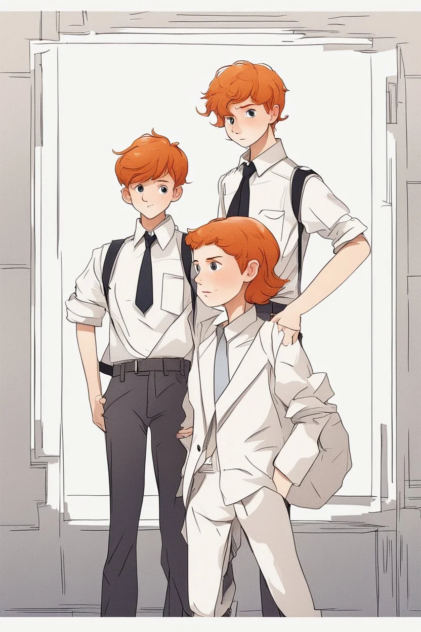 two boys with ginger hairs plus teenage girl with dark hairs are standing in characteristic book cover style poses. They are young amateur detectives. White background, mysterious atmosphere