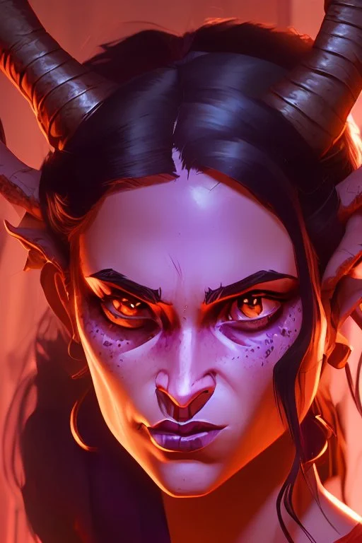 actress megan fox, purple skin, devil horns, pretty soft female face