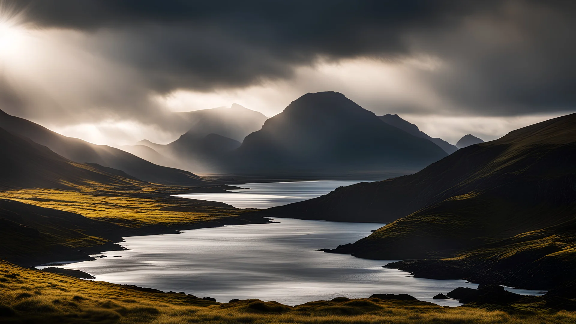 Mountainous landscape on Kerguelen, dramatic sunlight, chiaroscuro, beautiful composition