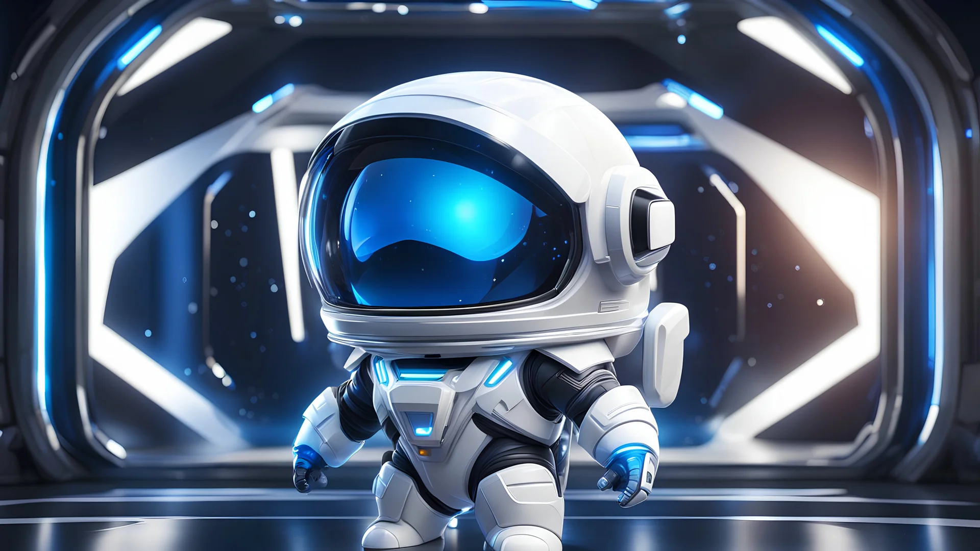 chibi, high quality, ray tracing, streamlinerai space suit, stylized, shiny white, full of reflections, blue glowing lights, futurism, clean edges, Tinted windows, cartoon rendering