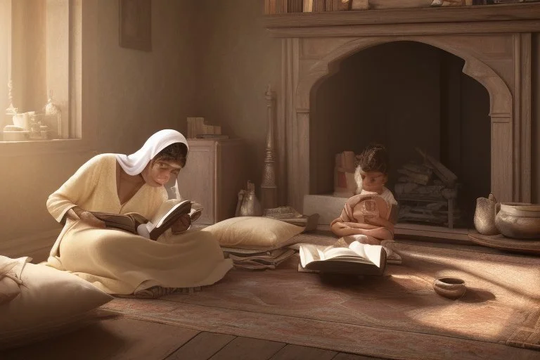 A close-up scene of an Arab mother reading the story from a book with her children around her in the room of the old wooden house near the fireplace 100 years ago.