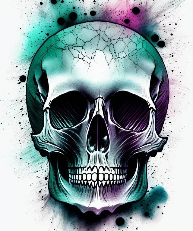 minimal lineart skull. watercolor and ink. black background. teal and magenta