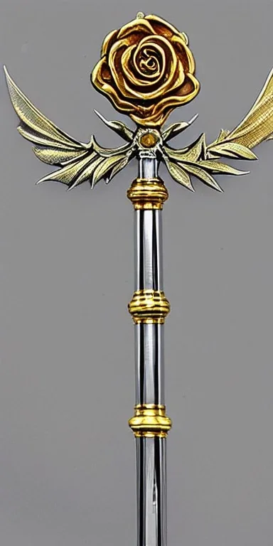 A long silver and Gold spear weapon with a rose at the handle and thorns up the poll, realistic, fantasy,