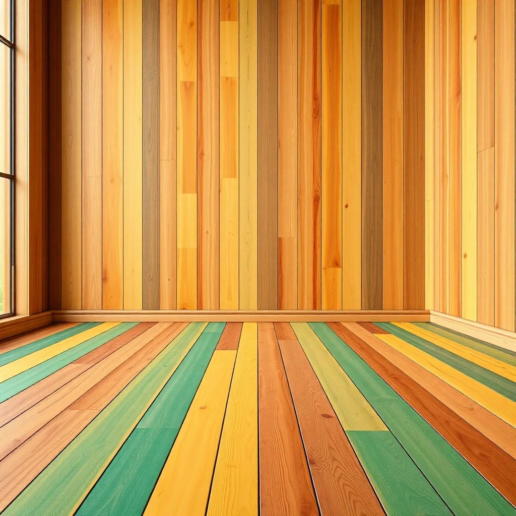 Centeral Symmetrical View Of A Colorful Wooden Floor & Wooden Wall Empty Room.