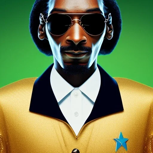 Portrait of Snoop Dogg, Star Trek style, Photorealism, Full Body Shot, Wearing Gold TOS Uniform, 8k, San Francisco,