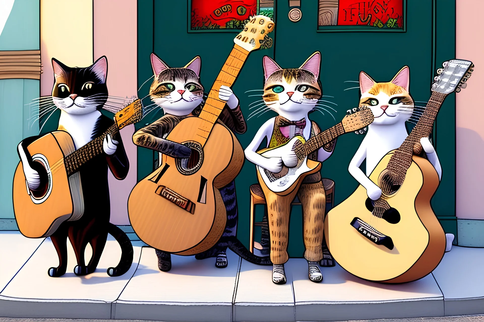 Group of three mature cats musicians, one cat playing guitar, one cat playing drums, one cat holding microphone and singing, street, Vienna, smiling, sunny day, model style, hyper realistic, extremely accurate, delicate, extremely detailed, Graphic novel style, wide-angle, open aperture, superfine pencil