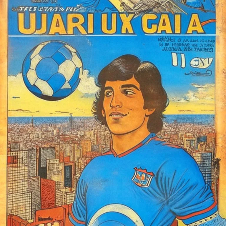 A 1980 medieval london comic cover of uruguayan sky-blue football magazine. At the street city, Manhattan.