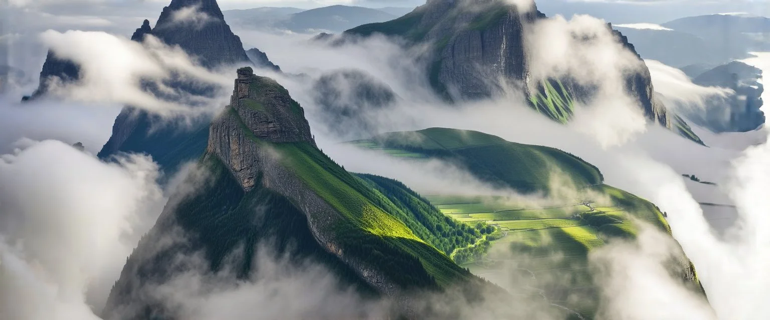 surrounded by clouds, the mountain cliff face climbs up and disappears into the mist. the fog settles over the valley and off to the sides, creating a sense of height and mystery
