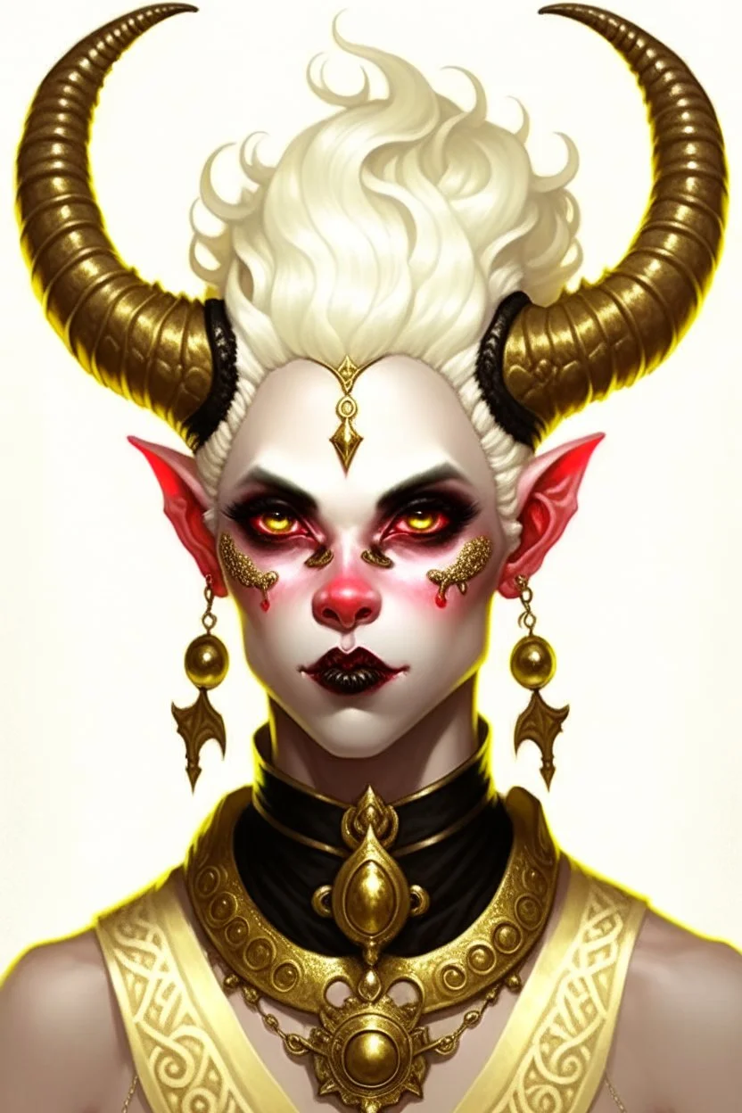 A young tiefling woman with a set of ram horns on her head encrusted with jewels, White-Blonde, short hair, black eyes, no pupils, dressed in all white, beautiful, she looks like an angel