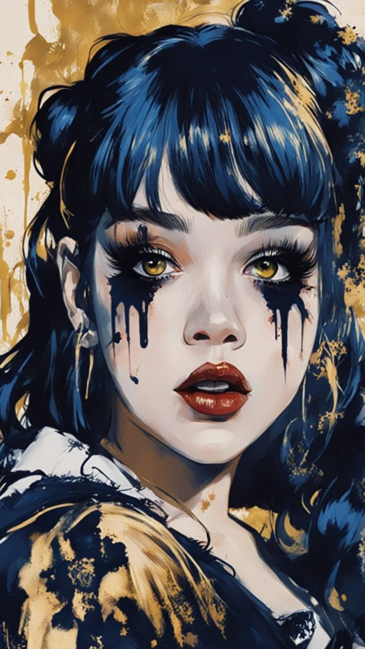 Poster in two gradually, a one side malevolent goth vampire girl face and other side the Singer Melanie Martinez face, painting by Yoji Shinkawa, darkblue and gold tones,