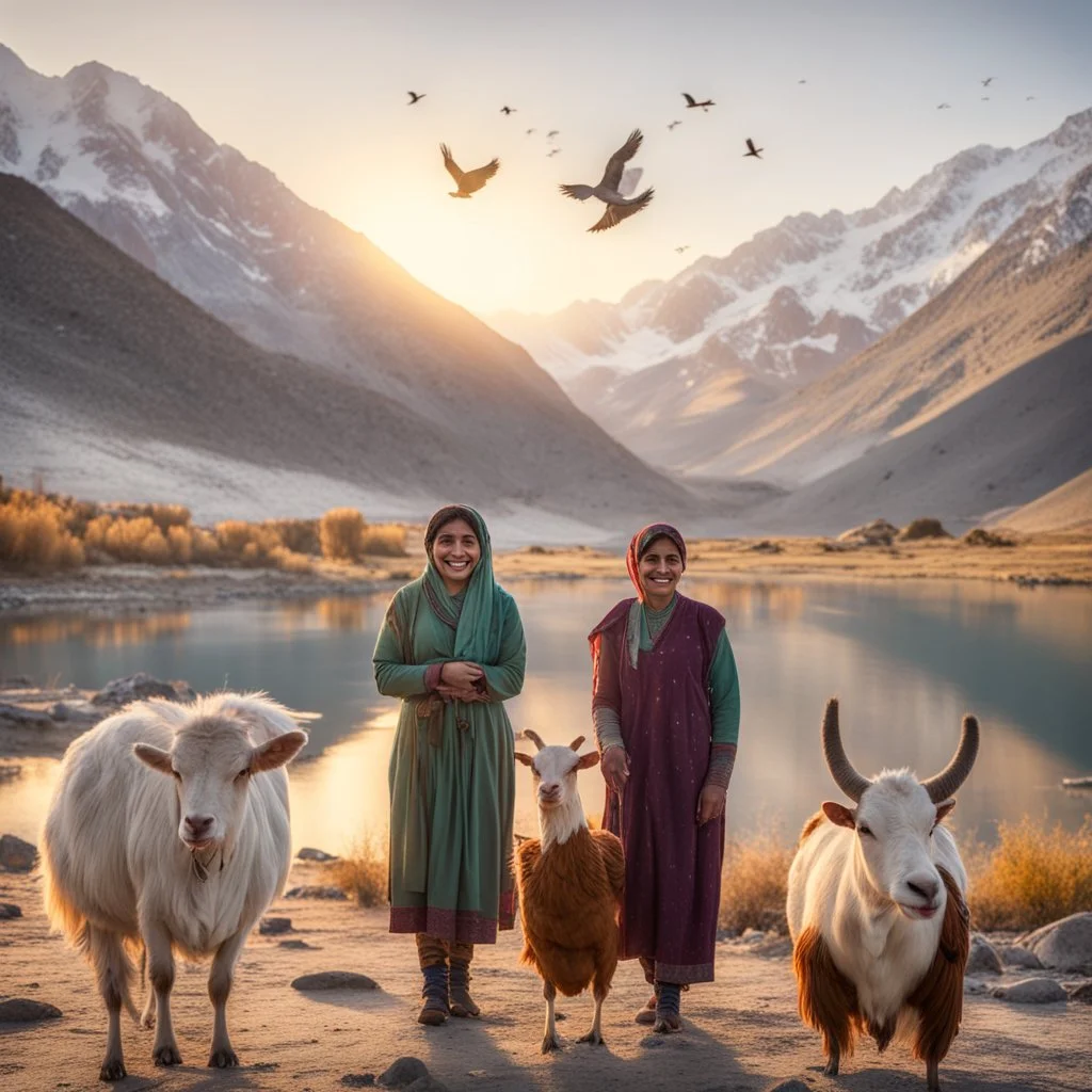 Pakistani Pukhtoon Women smiling at sunrise riverside & snowy mountains with a cow, a goat, a chicken & birds flying