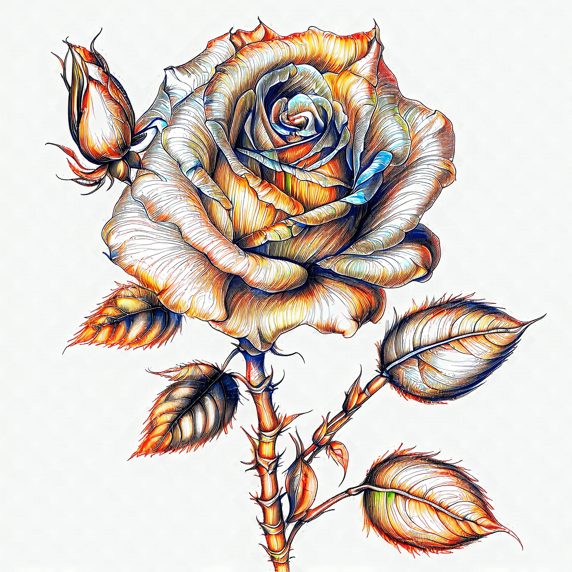 Realistic complex botanical rose objects in pencil