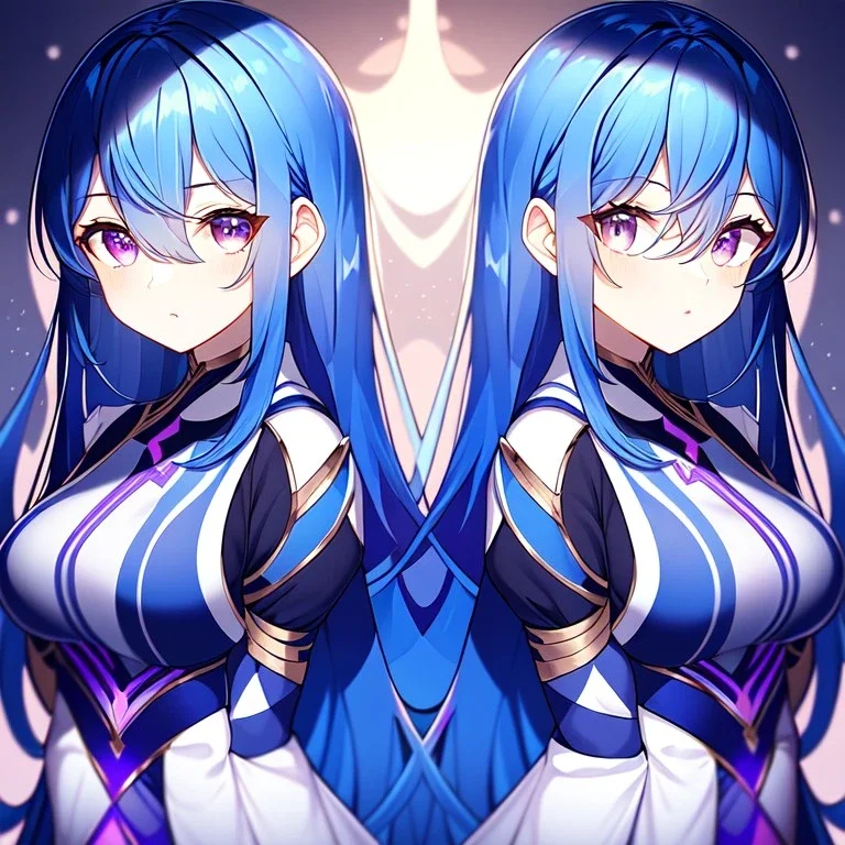 girl, masterpiece, best quality, volumetric lighting, detailed outfit, perfect eyes, long hair blue hair, Purple eyes, dark mori, twins