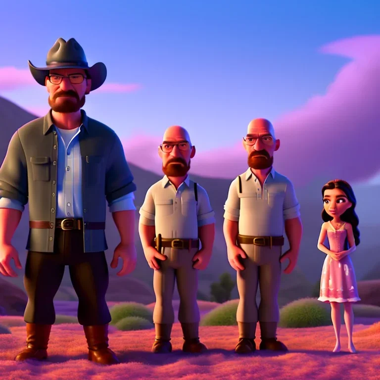 Walter White and his family at a shoot out, 8k, realistic face, with a fedora, sunset background,