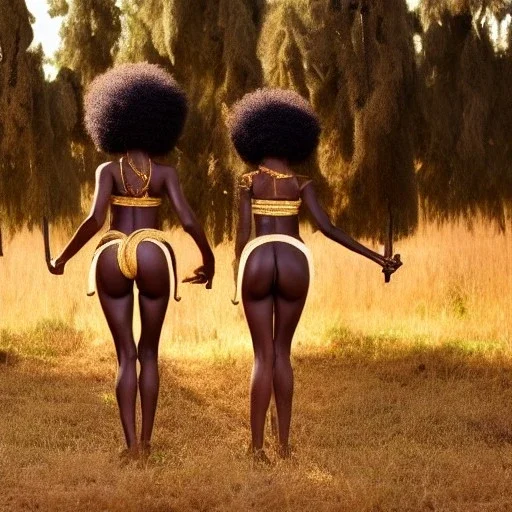 Biologically Female African American Twins, black skin, tall and slender, long afro kinky hair,big brown eyes, long eyelashes warrior wear. Big butts. Gold accents on clothing. Surround by trees. Holding golden spears. Starry night