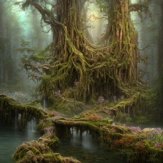 high-quality, fine-detail beautiful, breath-taking forest with gnarled trees, flowers, clear reflective lake, tranquil, stunning, 8k resolution, intricate, digital art, detailed matte, volumetric lighting, George Grie, Anne Dittman, Anne Stokes, Lisa Parker, Selina French, Alphonse Mucha