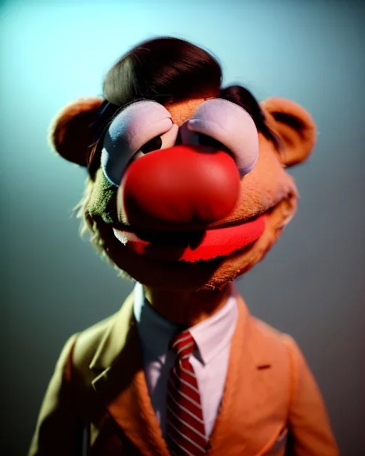 Waist up Portrait, Donald trump muppet, Sesame Street style, Wes Anderson style, photo studio, unreal engine 5, god lights, ray tracing, RTX, lumen lighting, ultra detail, volumetric lighting, 3d.