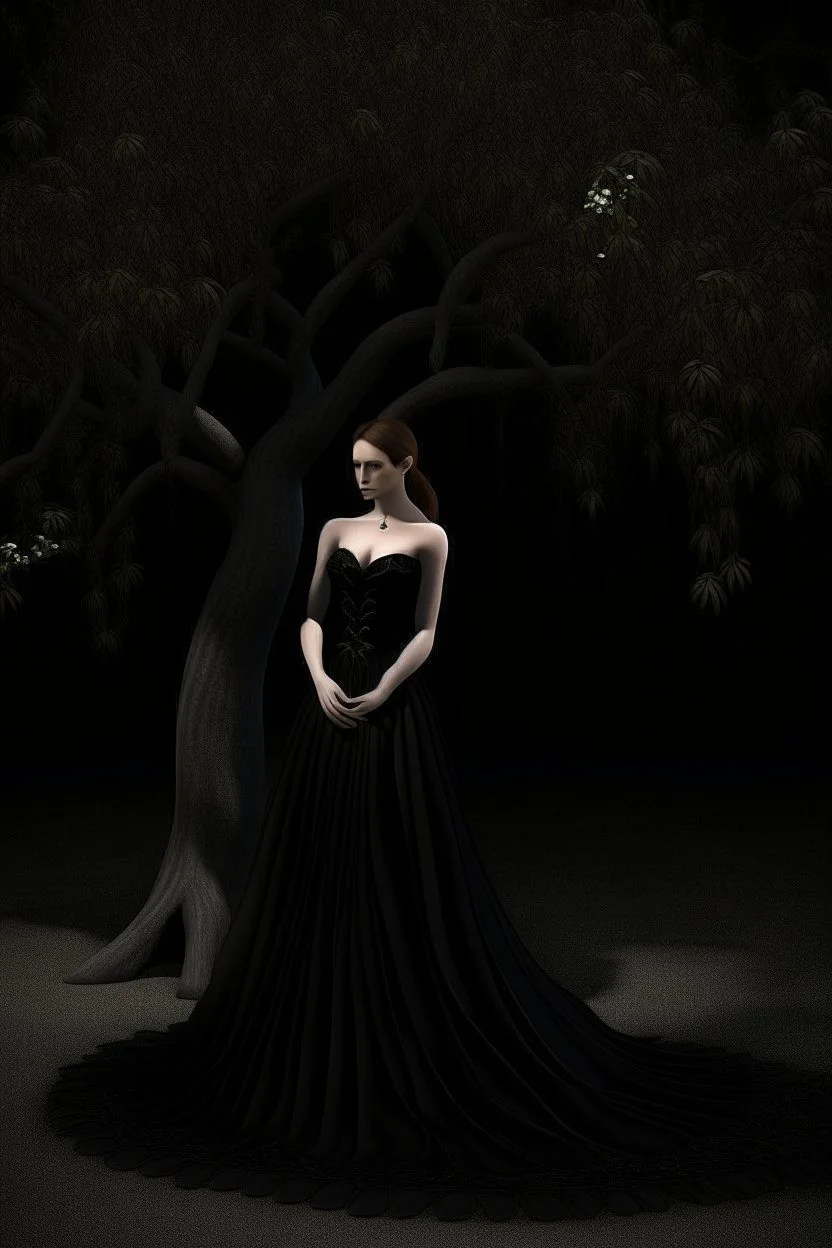 Wednesday in a low-cut black gown standing under a black tree, photorealistic, delicate detail.