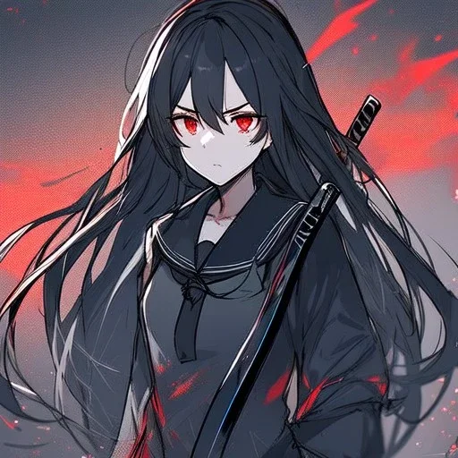 Clear focus, High resolution, Clear focus, high resolution, sketch line art, black sailor uniform, grey tights, black long hair, red glowing eyes, looking into stars at night, katana on waits, serious face expression, dead aura, (solo)