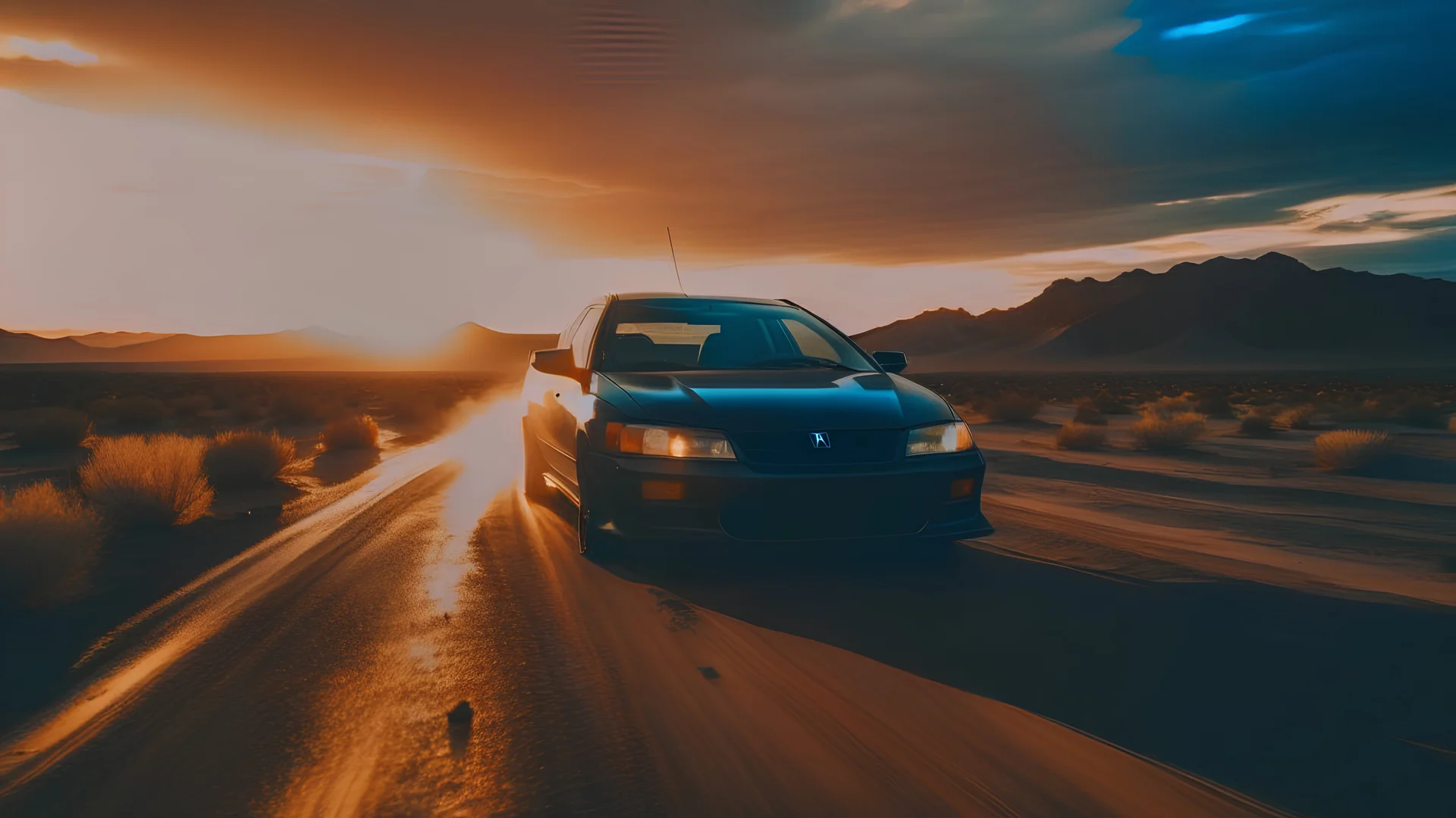 Create a cinematic wide-angle shot featuring the front view of a black 1998 Honda Civic racing through a post-apocalyptic desert road during a desert storm. Embrace a post-apocalyptic photography style to evoke a realistic yet dramatic and dark atmosphere, emphasizing the importance of achieving a cinematic look. Depict the resilient Honda Civic in this transformed world, navigating the harsh desert conditions and swirling sandstorm with speed and intensity.