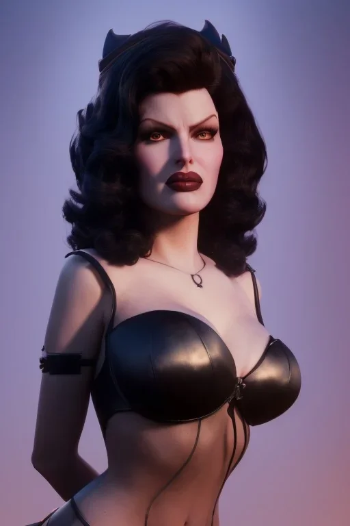 Rita Hayworth as evil queen in black leather, busty, cleavage, curvy, angry, stern look. character design by cory loftis, fenghua zhong, ryohei hase, ismail inceoglu and ruan jia. unreal engine 5, artistic lighting, highly detailed, photorealistic, fantasy