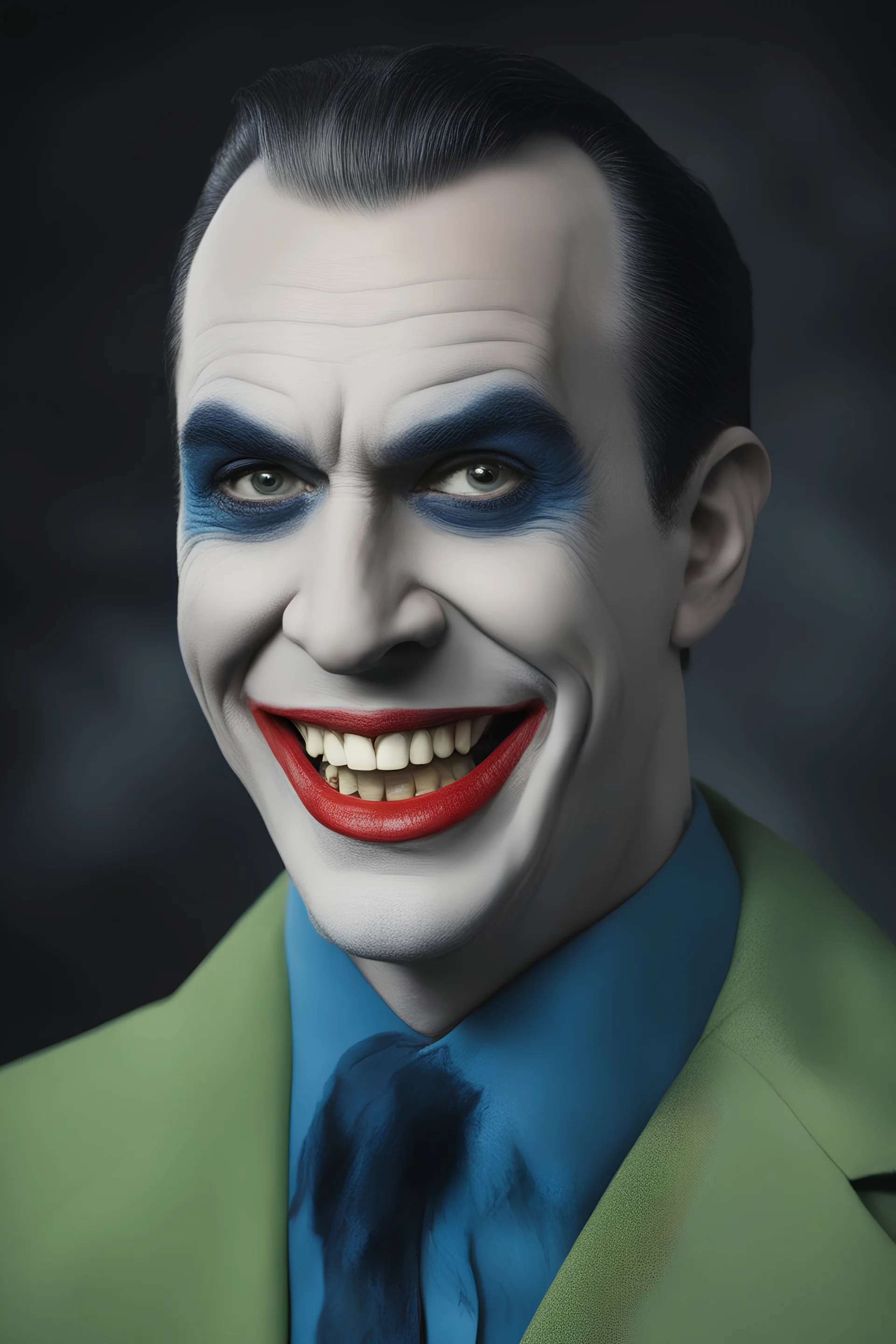 Bela Lugosi as Herman Munster Superman Joker, laughing - Blue eyes - full color - 32k, UHD, 1080p, 8 x 10, glossy professional quality digital photograph - dark foggy gradated background, historic, powerful, octane rendering, exquisite detail, 30 - megapixel, 4k, 85 - mm - lens, sharp - focus, intricately - detailed, long exposure time, f8, ISO 100, shutter - speed 1125, diffuse - back - lighting, ((skin details, high detailed skin texture)),