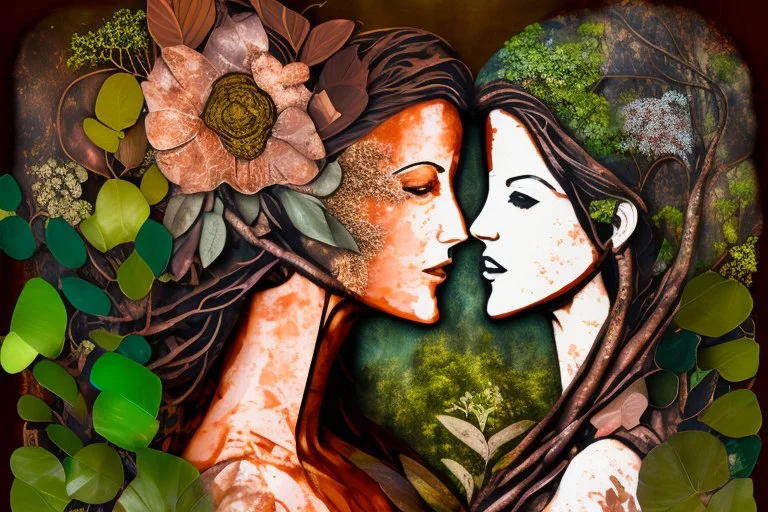 double exposure caricature of a brasilian rainforest, flowers, waterfall loving couple Heart and love: magical ethereal nature, copper patina, desaturated neutral tones on burlap, dramatic impasto composition that brakes down the boundaries between an effective combination of concept, vision and mastery of medium (Georges Braque:0.7), (Fernand Leger:0.3), set in front of vivid background by Pablo Picasso S<AI watercolor and ink, oil on canvas, reflection, mist, sunshine