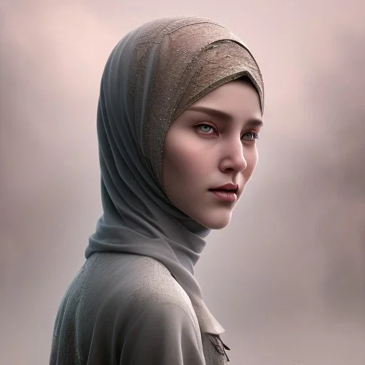 close up portrait of fog as woman in hijab, fine detail, highly intricate, modern surrealism painting, defined cracks and breaks, high-quality, volumetric lighting, 8k, ultrahd, George Grie, Marco Escobedo, Igor Morski,Brian Froud, Howard Lyon, Selina French, trees