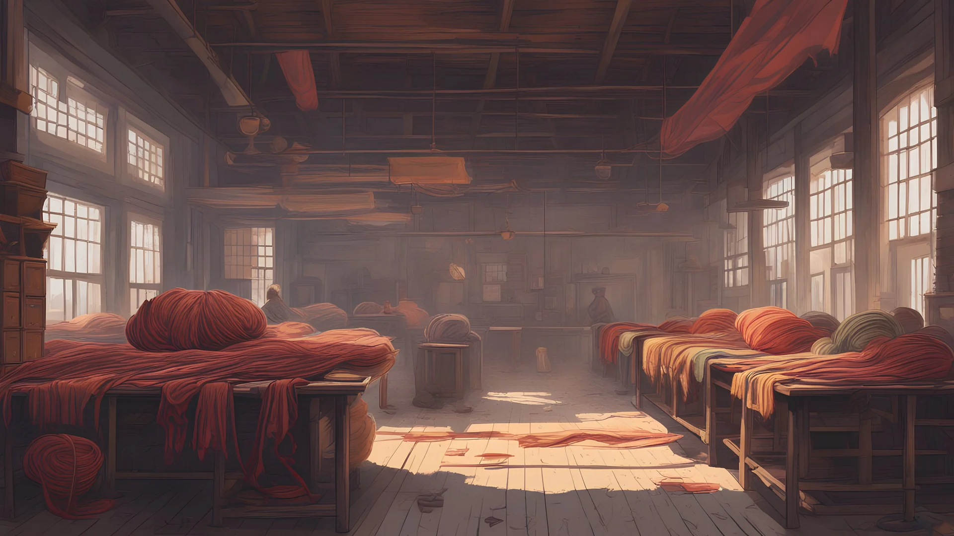 Vector. 2D animated. Yarn and fabric. 1900 AD. Istanbul. Digital painting, inside. Old Spinning and weaving factory. Minimal.