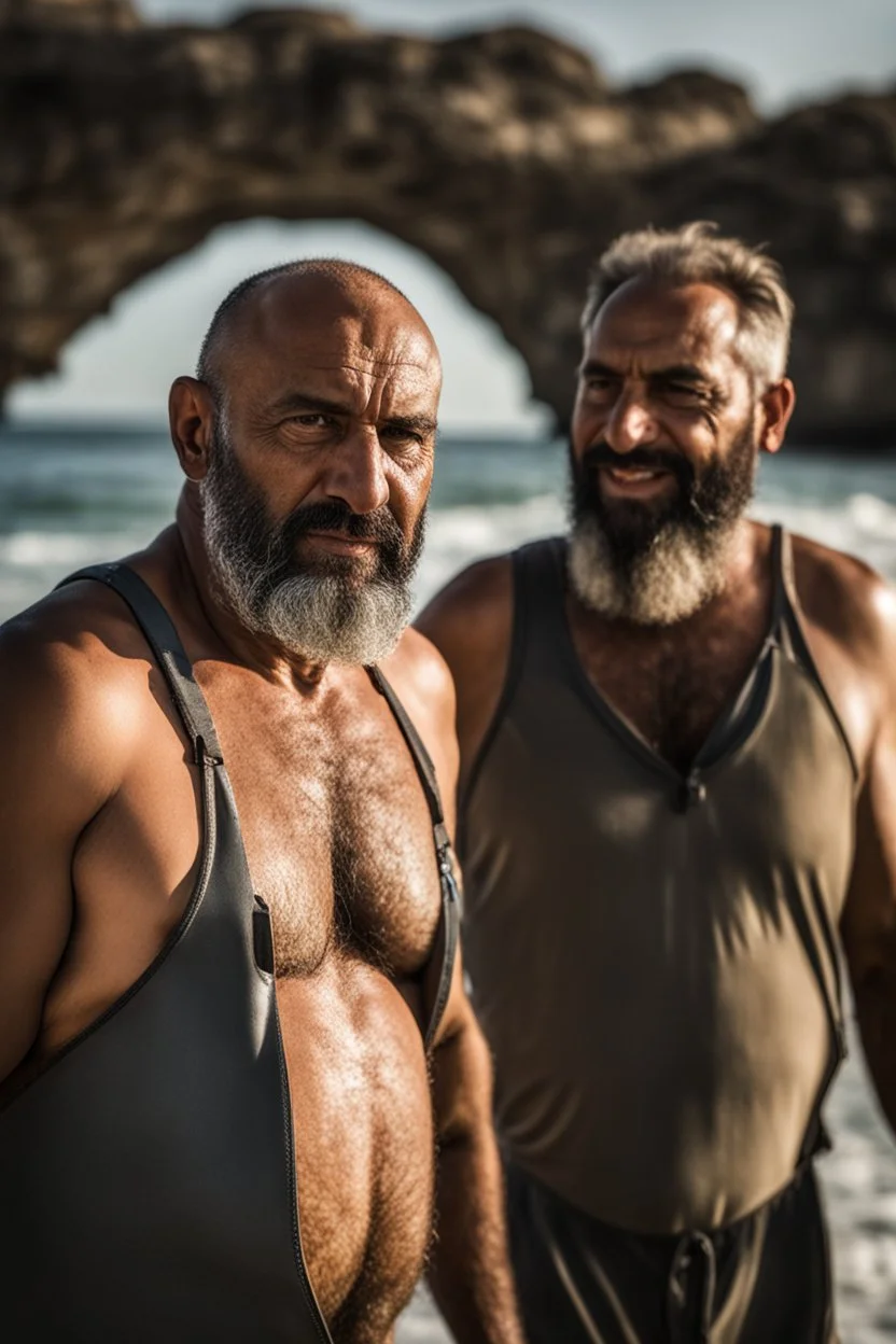 close up shot photography of two strong muscular chubby hairy burly 49 years old ugly arab fishermen, short beard, shaved hair, shirtless, manly chest, swimwear, emotive eyes, tank top, walking on the beach in the sun, side light, sweat and wet, ground view angle