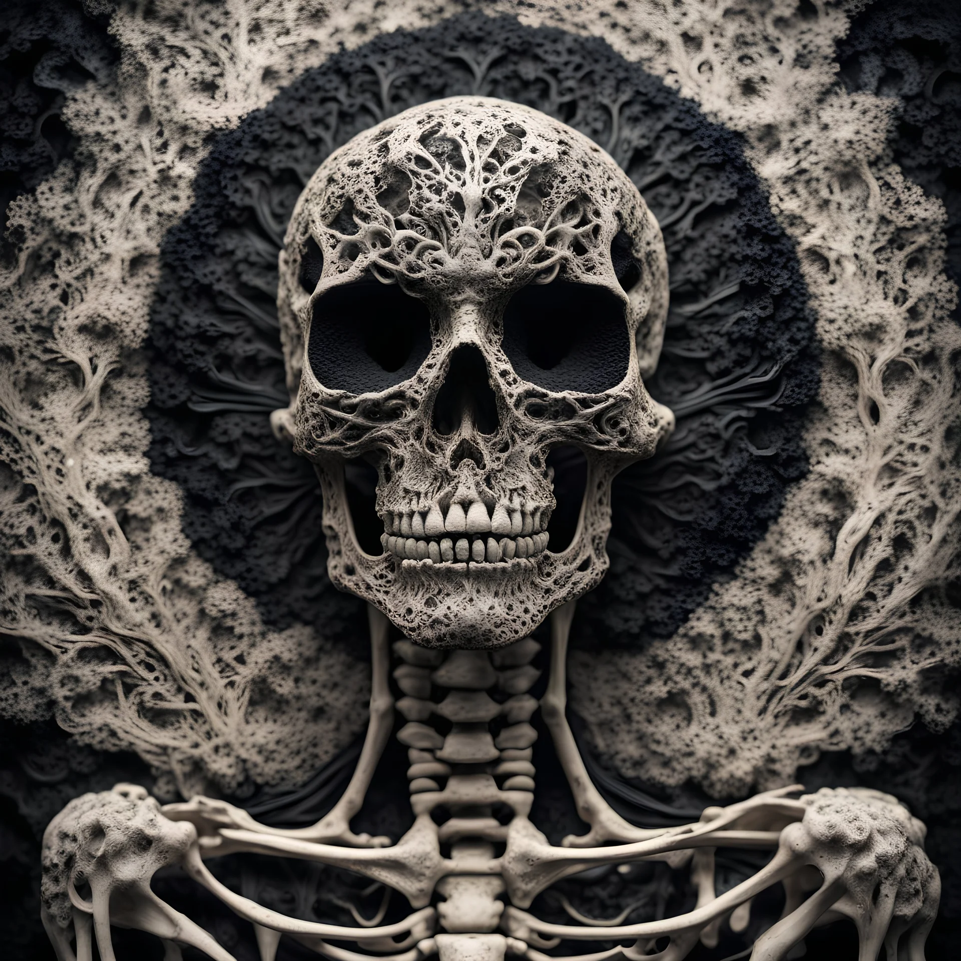 skeleton made of mycelium, covered in black fluid ink, Portrait Photography, Fantasy Background, Intricate Patterns, Ultra Detailed, Luminous, Radiance, beautiful, Ultra Realism, Complex Details, Intricate Details, 16k, HDR, High Quality, Trending On Artstation, Sharp Focus, Studio Photo, Intricate Details, Highly Detailed