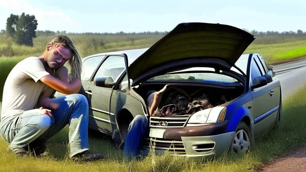 man and crying lady inside broken down jetta on side of the road