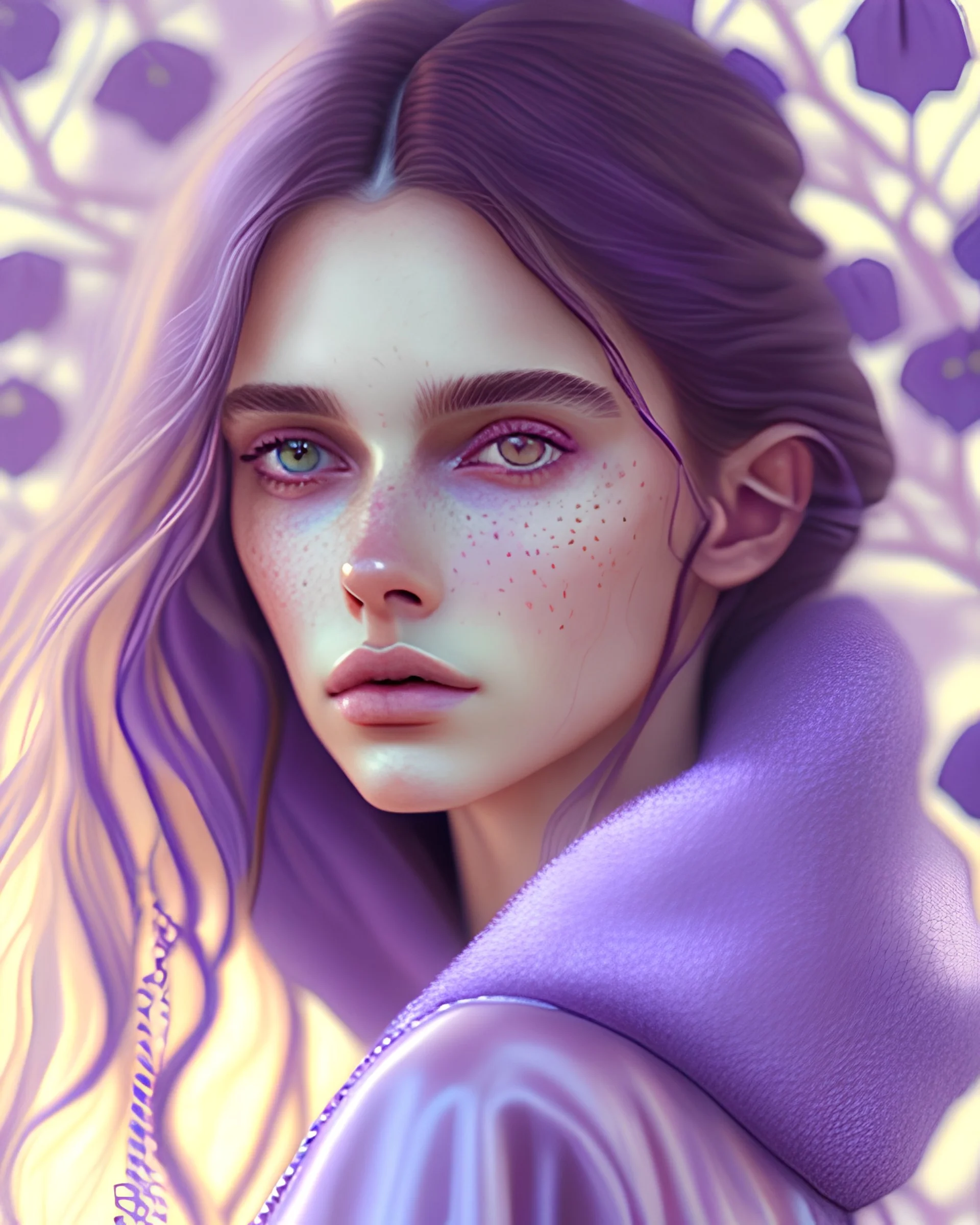 annie taylor joie, Summer Fashion, smooth soft skin, straight hair, detailed eyes, detailed face, looking into camera, intricate, winter outfit, purple, back lighting, realistic concept art, digital painting, rich 3d render, hyper-realistic painting, cinema 4D render, art by WLOP, by Agnes Cecile, Michael Whelan