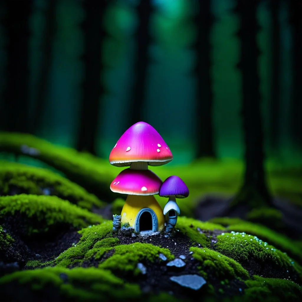 "Close up of a wonderful tiny Mushroom Tower home. Magenta and yellow with bright white, deep black and contrasting tones of gray magenta and violet colors. Illuminated bioluminescent forest. Professional painter, master at composition. small but detailed. broken, blurred background, voluminous lighting"