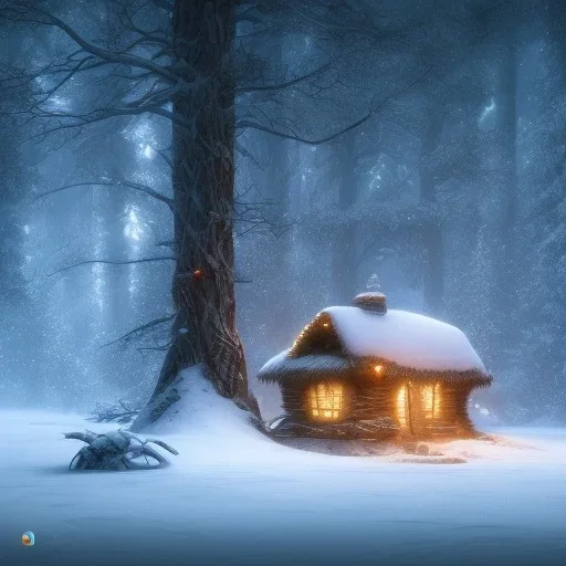 Mysterious christmas night, a small lonely hut, surreal atmosphere, cosmic backdrop, celestial ambience, soft lighting, very chilly appearance of the surroundings, unreal engine 5 volumetric lighting, intricate details, realistic style, 8k resolution