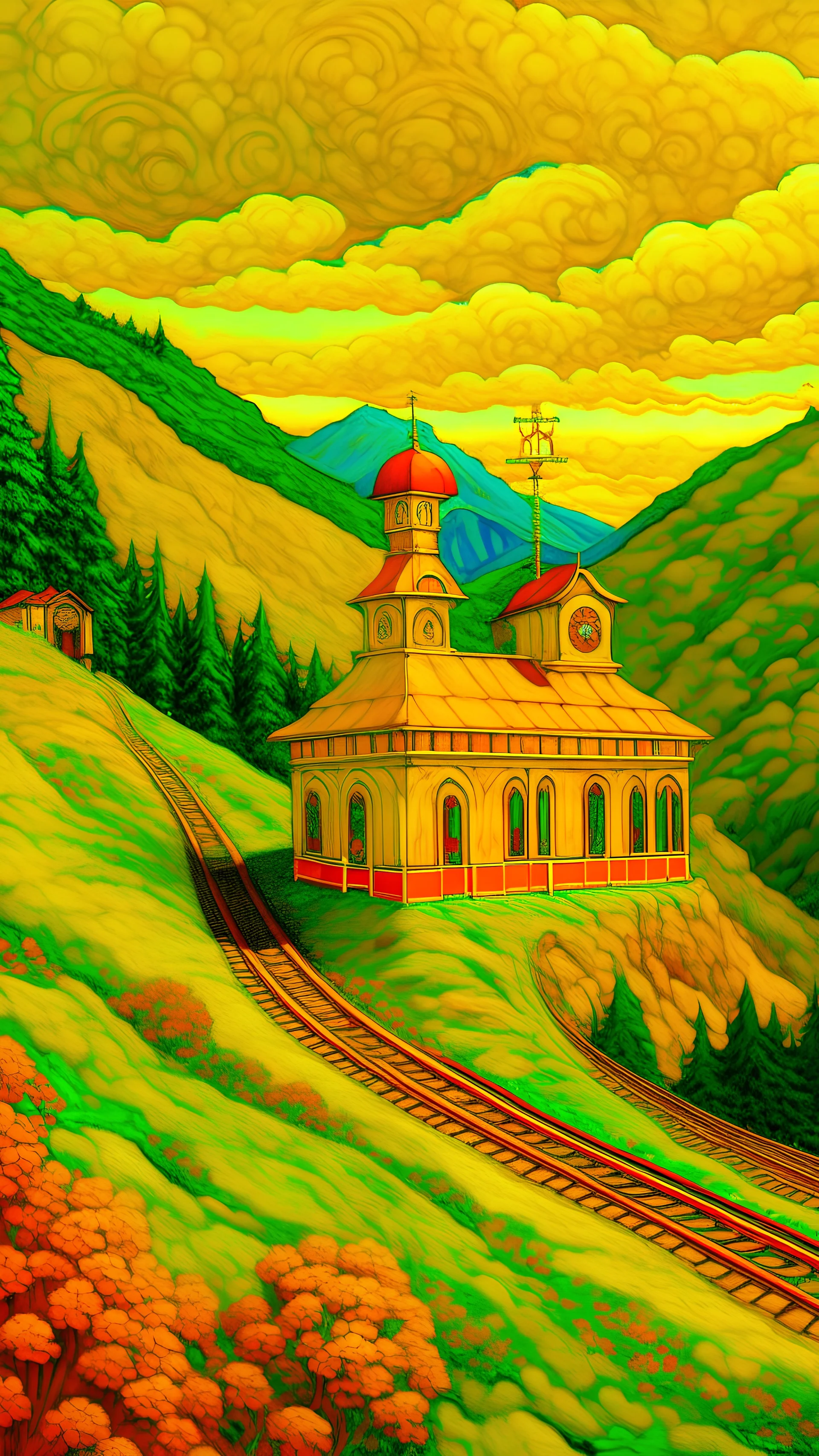 A golden train station on a mountain painted by Paul Ranson