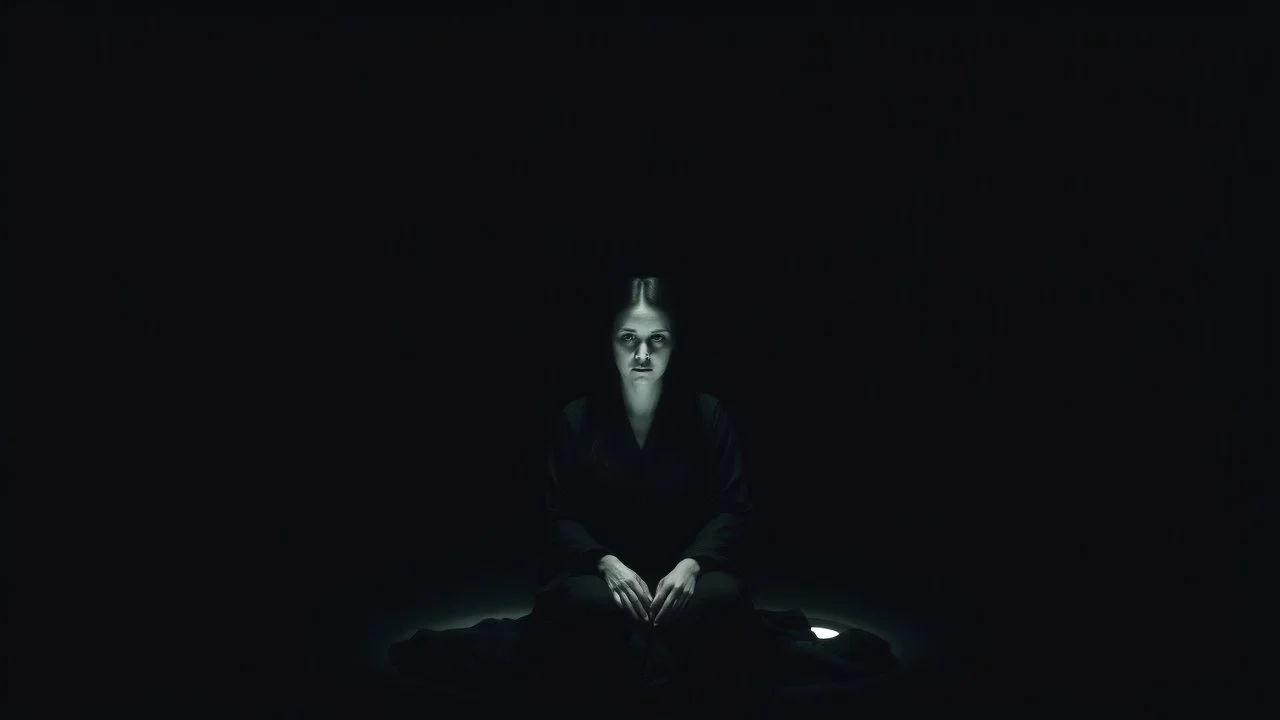 A solitary woman sitting alone in an endless void of darkness, pale skin, large hollow dark eyes with deep shadows underneath, wearing tattered black robes, empty expression, staring into nothingness. Only a faint circle of dim light surrounds her. Absolute loneliness, emotional emptiness, existential despair, abandonment, silence, vast darkness consuming everything beyond the light. No other people, no faces, no eyes, no creatures, no monsters, no silhouettes, no figures in the shadows, no watc