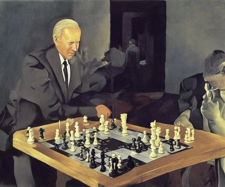 Complex Surgical Instruments through Putin, President Xi Of China And Joe Biden Play Chess with a Newborn Boy,Minimalism,Painting By Lucian Adrian Ghenie,Freud,Rene Magritte,Salvador Dali,Pablo Picasso,Michelangelo