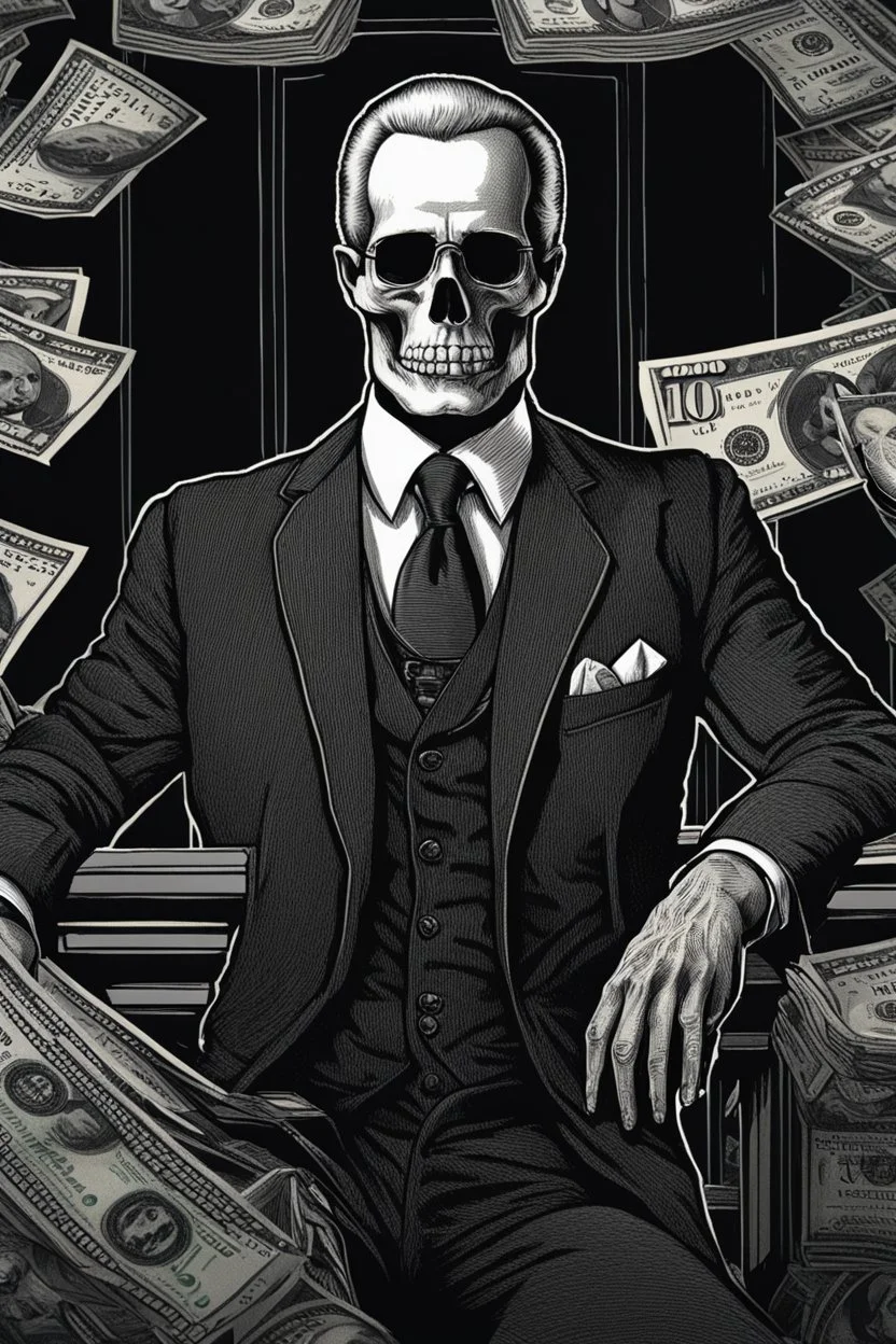 LINE TONE, WSJ STYLE, HEDCUT, ultra high image quality, HEAD AND SHOULDERS SHOT, SKELETON, WEARING A 3 PIECE SUIT, POSED FOR DOLLAR BILL PORTRAIT, , Close-up of an set against AMOLED-worthy pure black backdrop, fantasy art style infused with filter, tailored for vertical wallpaper, exclusive design with no duplicates, radiating beauty suitable for a PC screen image, vivid colors, ultra fine, digital painting, BASED ON THE UNITED STATES TREASURY NOTE ONE DOLLAR BILL