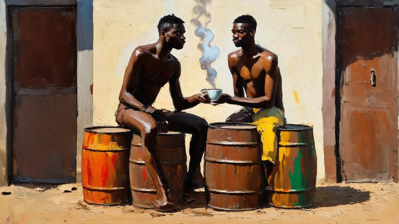 minimalist acrylic impasto painting of two skinny tall black Somali neighbors sitting on rusty oil barrels drinking steaming coffee, wide angle, dusty heat, tribal vibe, , warm shades of yellow, orange, green and black with sparse deep red leaks, afrofuturism, rusty village decay, arafed doors