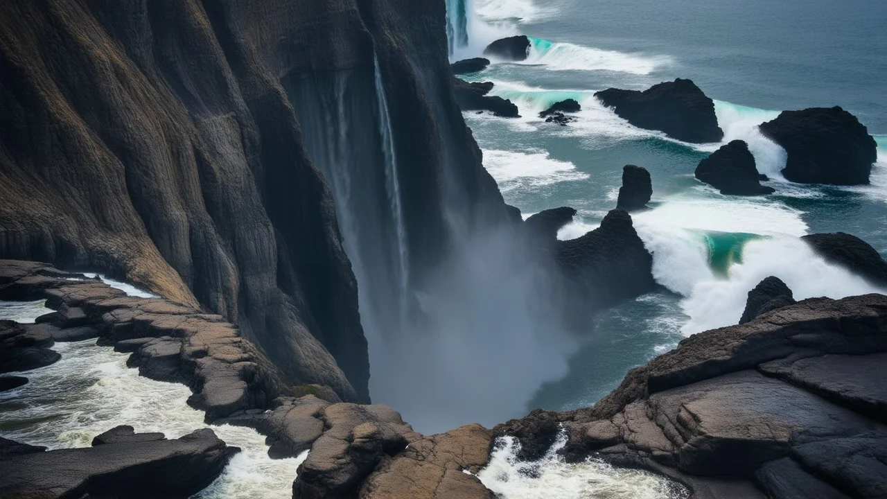 High angle view of dramatic coastal cliffs, towering waterfalls cascading down a dark, striated rock face into a turbulent turquoise and deep blue ocean, crashing waves, overcast sky, bright diffuse light, photorealistic, 8k resolution, highly detailed