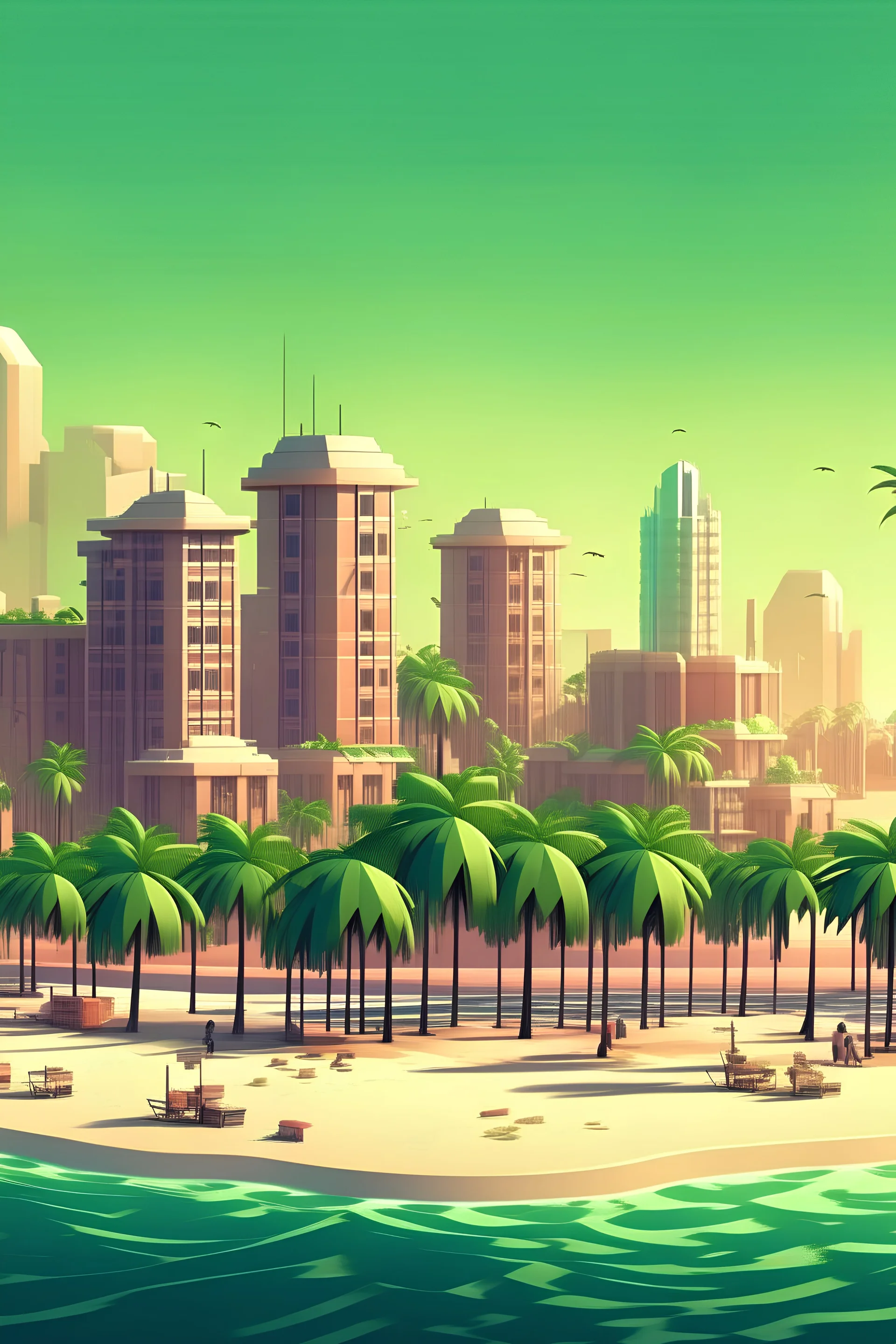 beachside city with palm trees and big scyscrappers