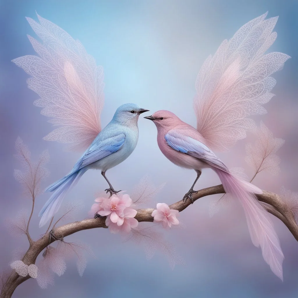 Two birds resembling delicate fairies, perched gracefully on a slender, magical branch. Their feathers are soft and ethereal, shimmering with pastel hues of pink, lavender, and sky blue, as if dusted with sparkling fairy dust. Each bird has elegant, translucent wings that glow faintly, adorned with intricate patterns resembling lace, giving them an almost magical quality. Their eyes are large and expressive, radiating a soft light, and they have long, flowing tail feathers that twirl gently in t